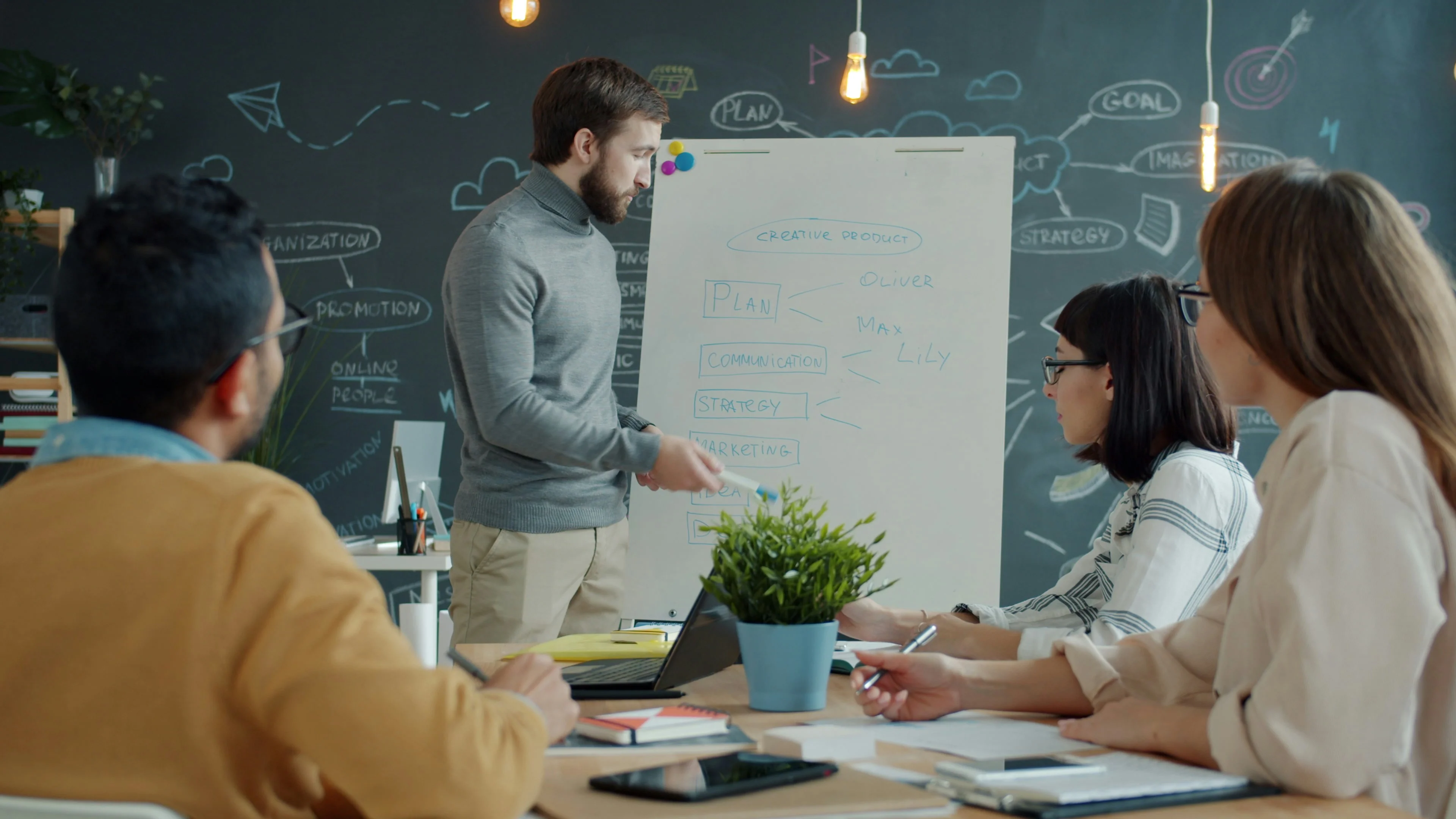 Team collaborating around a whiteboard in a modern office